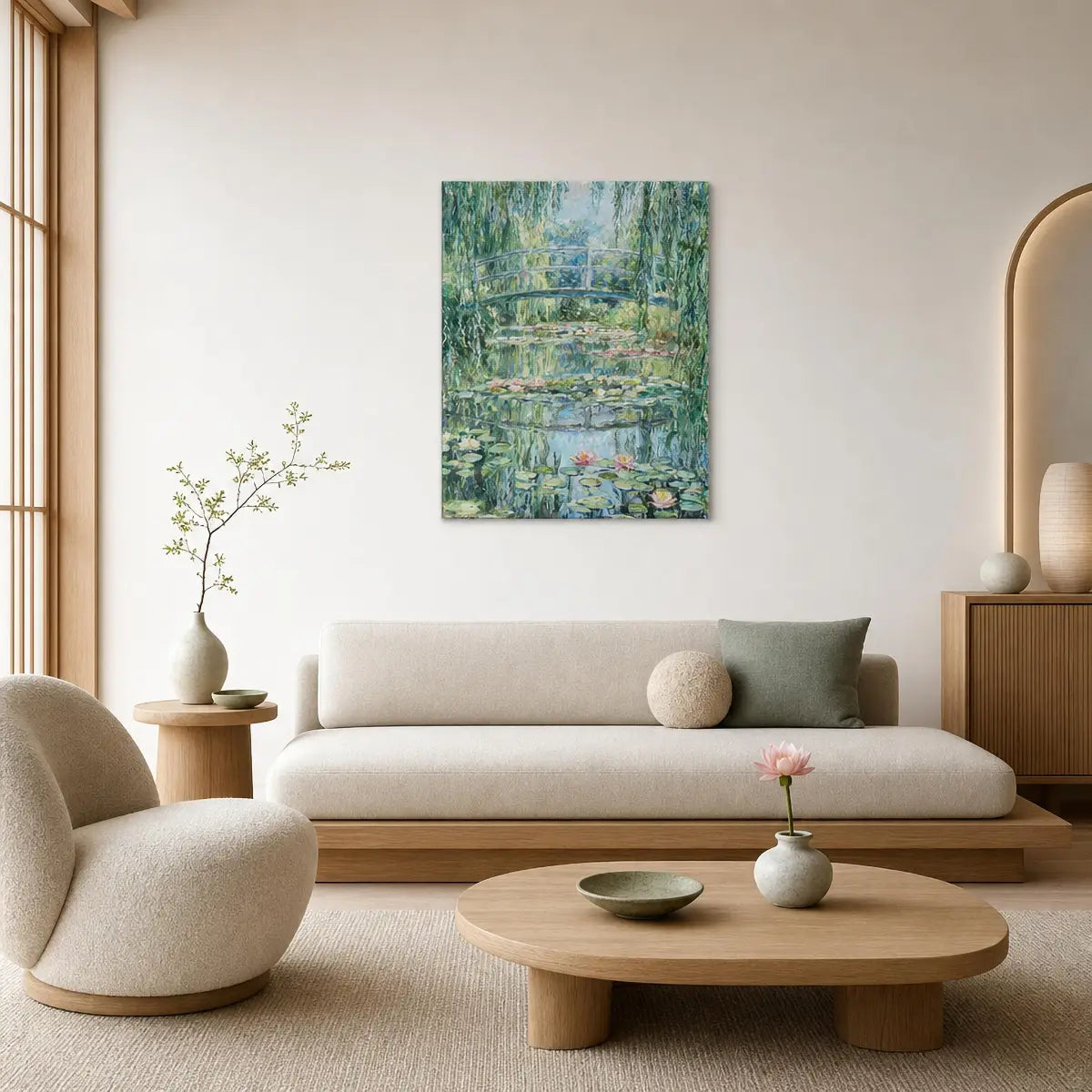A framed vertical canvas print of a Monet-style pond scene hangs on a light beige wall above a cream sofa in a minimalist, warm-toned living room.