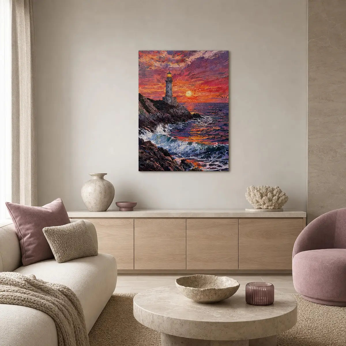 Vintage Coastal Lighthouse Canvas Print | Sunset Ocean Wall Art