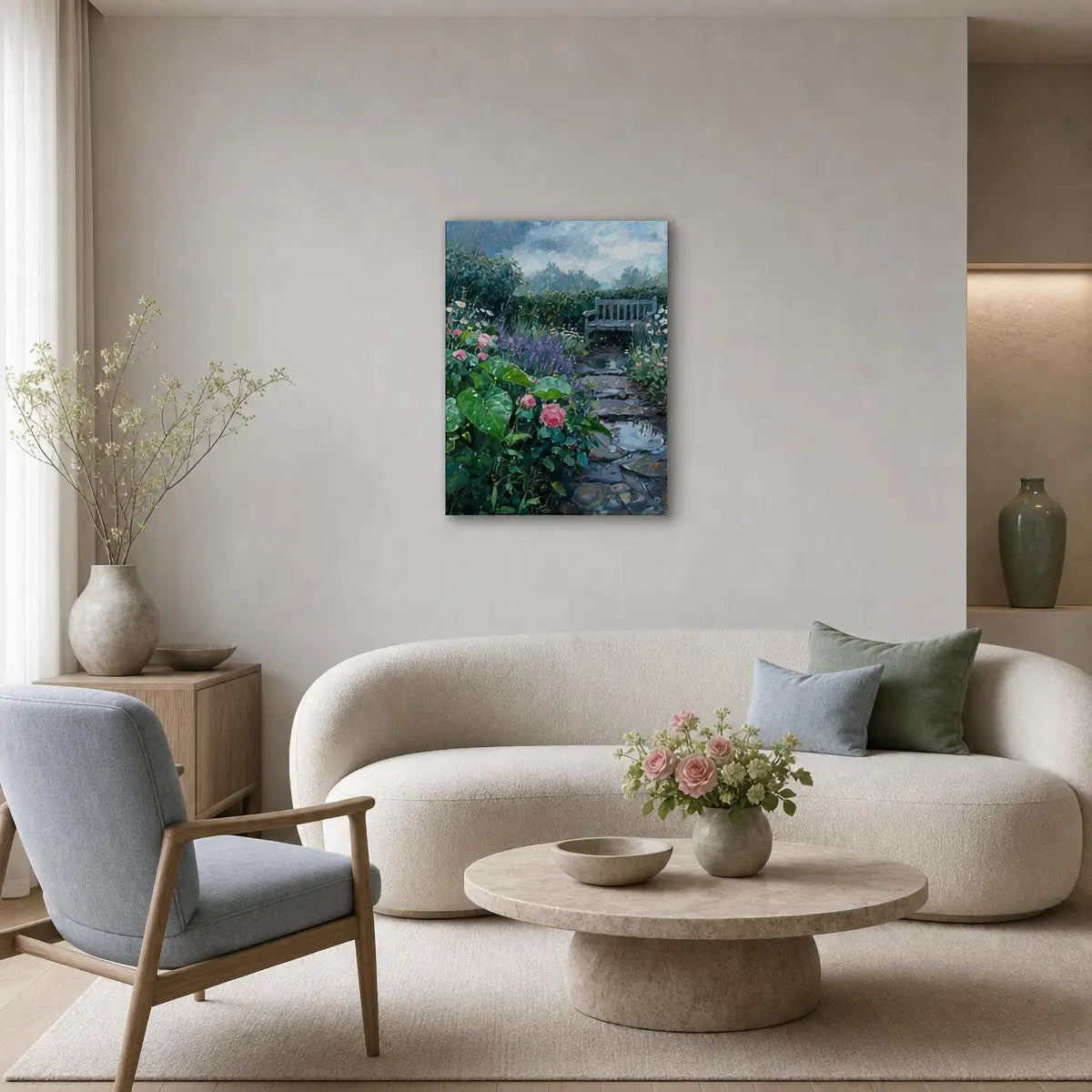 A framed landscape art print depicting a lush garden path with pink flowers and a stone bridge, displayed on a beige wall in a modern, minimalist living room with a curved cream sofa and a light blue armchair.