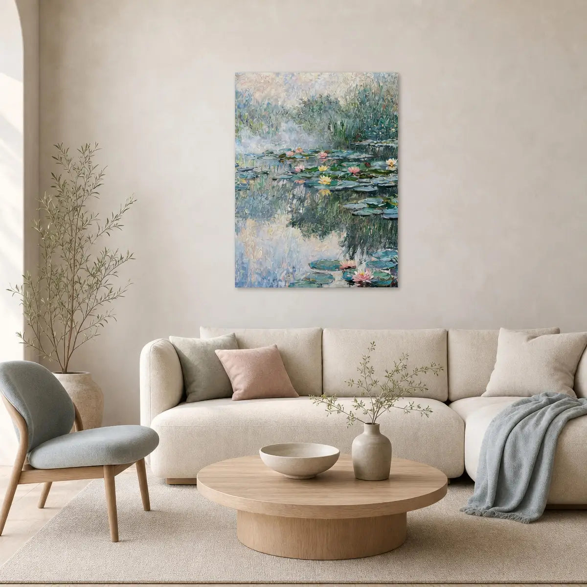A vertical canvas art print depicting a serene pond with lily pads and pink flowers, styled in a modern living room above a beige sofa.