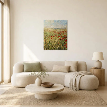 A vertical canvas print of a poppy field painting, displayed on a warm beige wall above a modern beige sectional sofa in a styled living room.