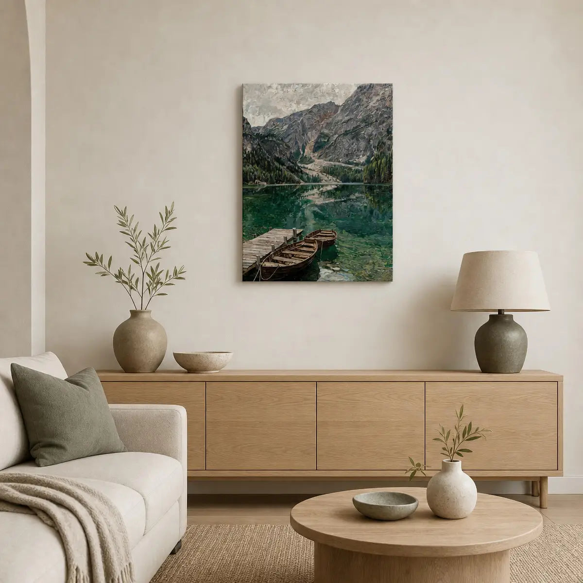 A framed landscape art print depicting a mountain lake with wooden boats, displayed on a beige wall above a light wood console table in a modern, neutral-toned living room.
