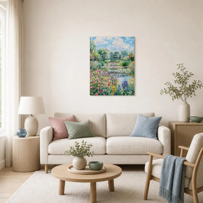 Sunny Japanese Bridge and Flower Garden Canvas Print | Vintstep