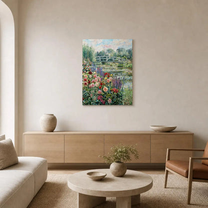 A framed vertical canvas print of a vibrant garden scene with water lilies and a bridge, displayed on a beige wall in a modern, minimalist living room with a wooden console, coffee table, and sofa.