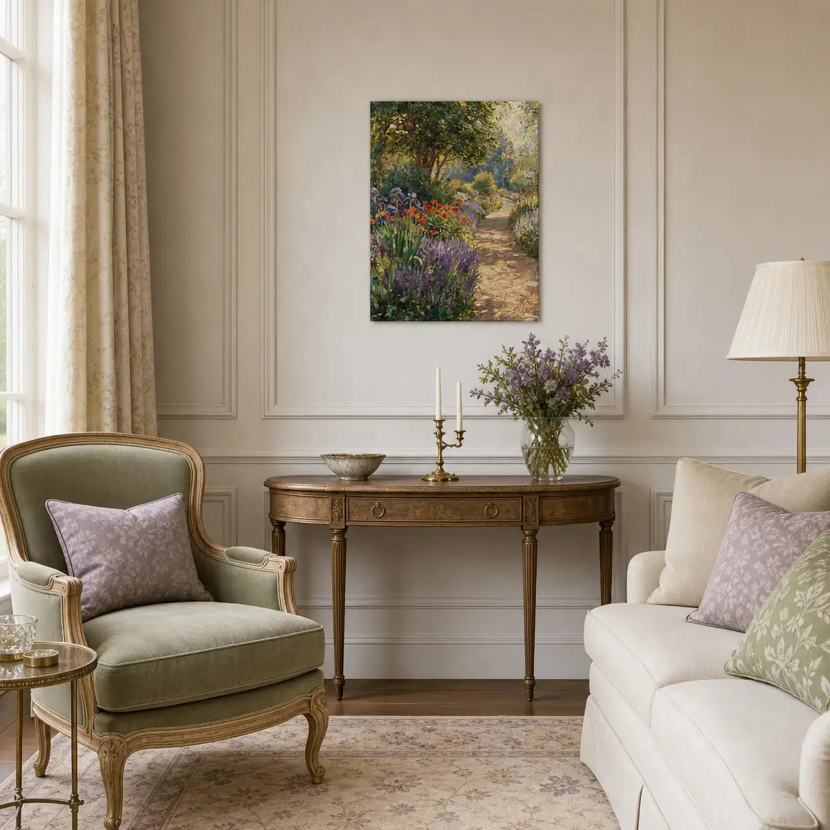A framed impressionist landscape painting of a flower garden path hangs on a beige paneled wall in a styled living room with a green armchair, cream sofa, and a console table.