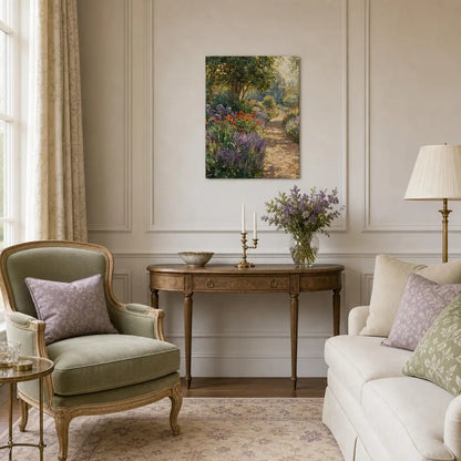 A framed impressionist landscape painting of a flower garden path hangs on a beige paneled wall in a styled living room with a green armchair, cream sofa, and a console table.