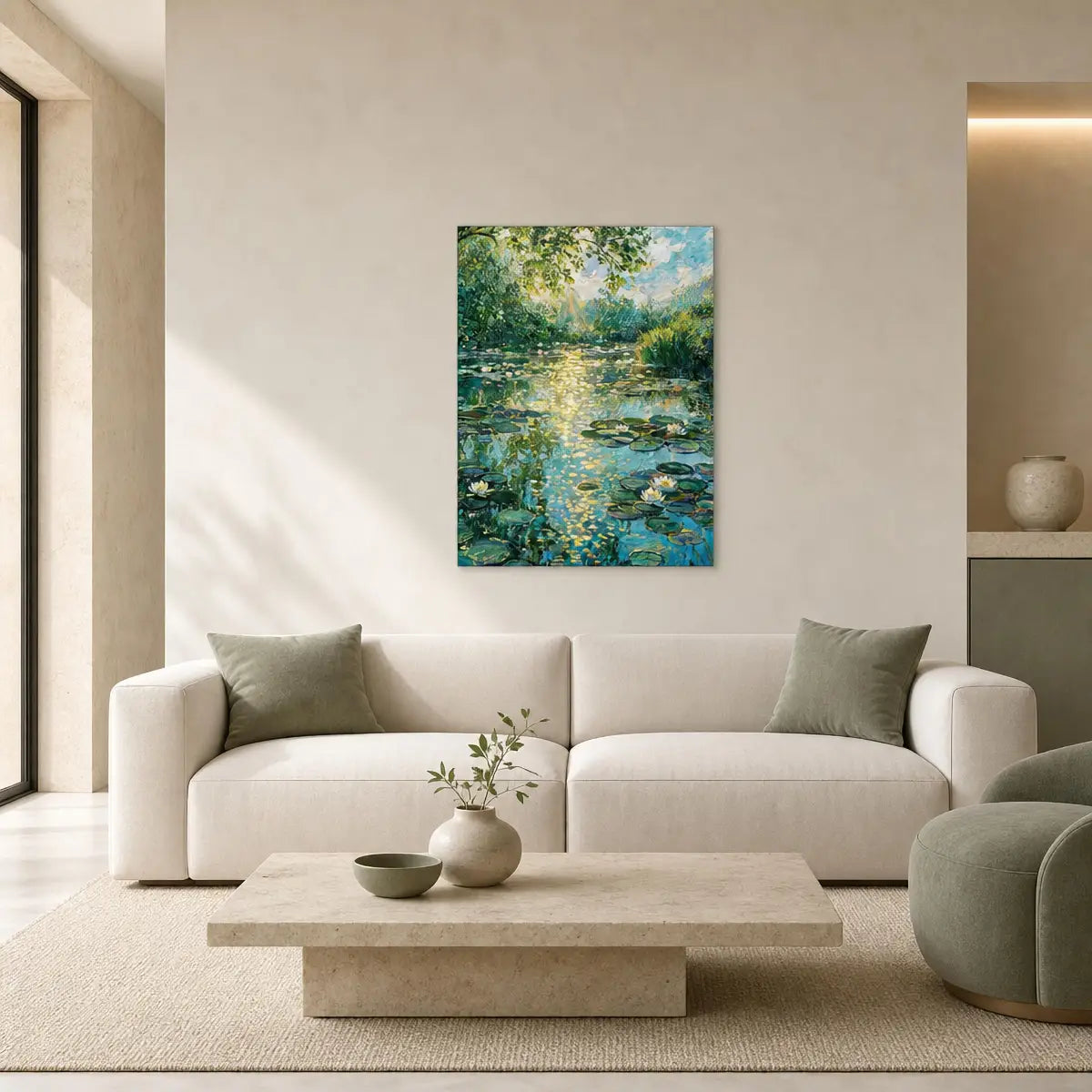 A framed vertical canvas print of a serene water lily pond painting hangs on a beige wall above a modern white sofa in a minimalist living room.