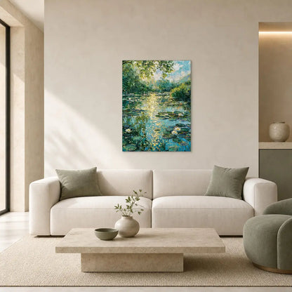 A framed vertical canvas print of a serene water lily pond painting hangs on a beige wall above a modern white sofa in a minimalist living room.