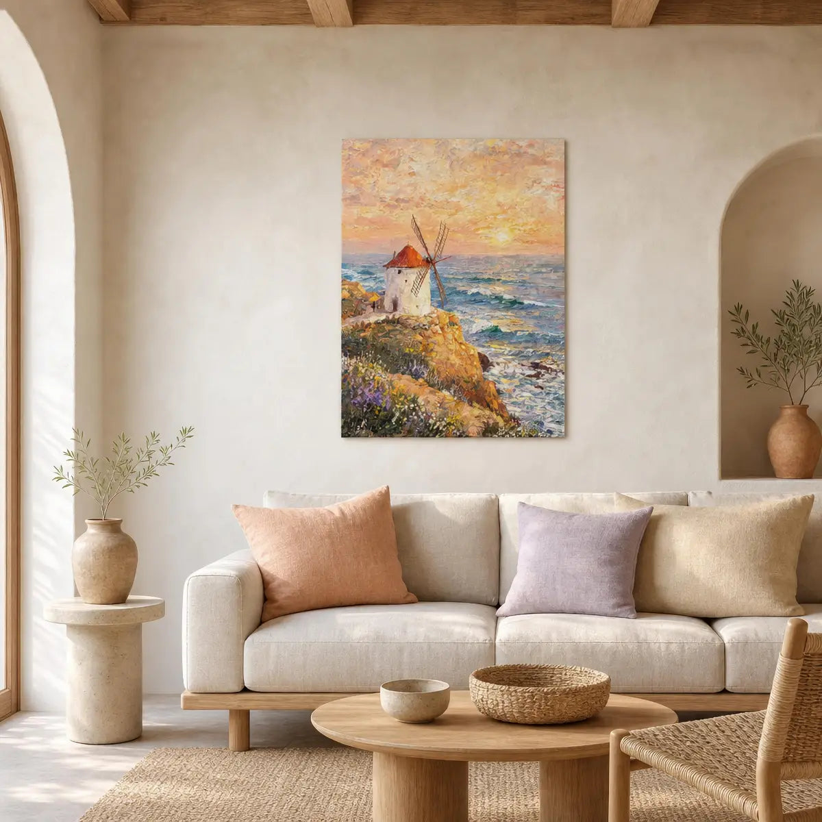 Vintage Coastal Windmill Canvas Print | Sunset Ocean Wall Art