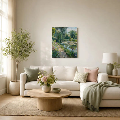 A framed landscape art print of a serene pond garden hangs on a beige wall above a white sectional sofa in a bright, modern living room with a wooden coffee table, potted plant, and soft throw blanket.