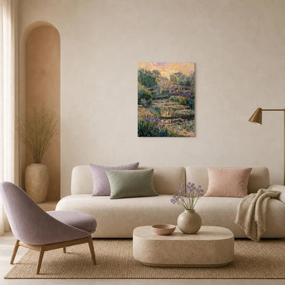 A framed impressionist landscape painting of water lilies hangs on a beige wall above a cream sofa in a styled living room with a lavender chair, round coffee table, and warm neutral decor.