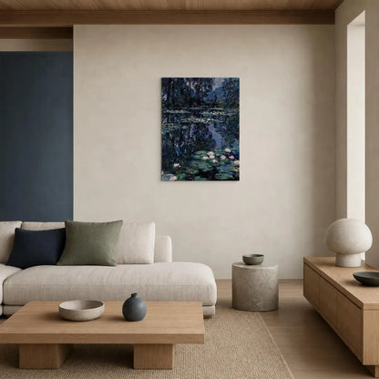 A vertical canvas print of a Monet-style water lily pond painting hangs on a beige wall in a modern, minimalist living room with a light beige sofa, wooden coffee table, and neutral decor.