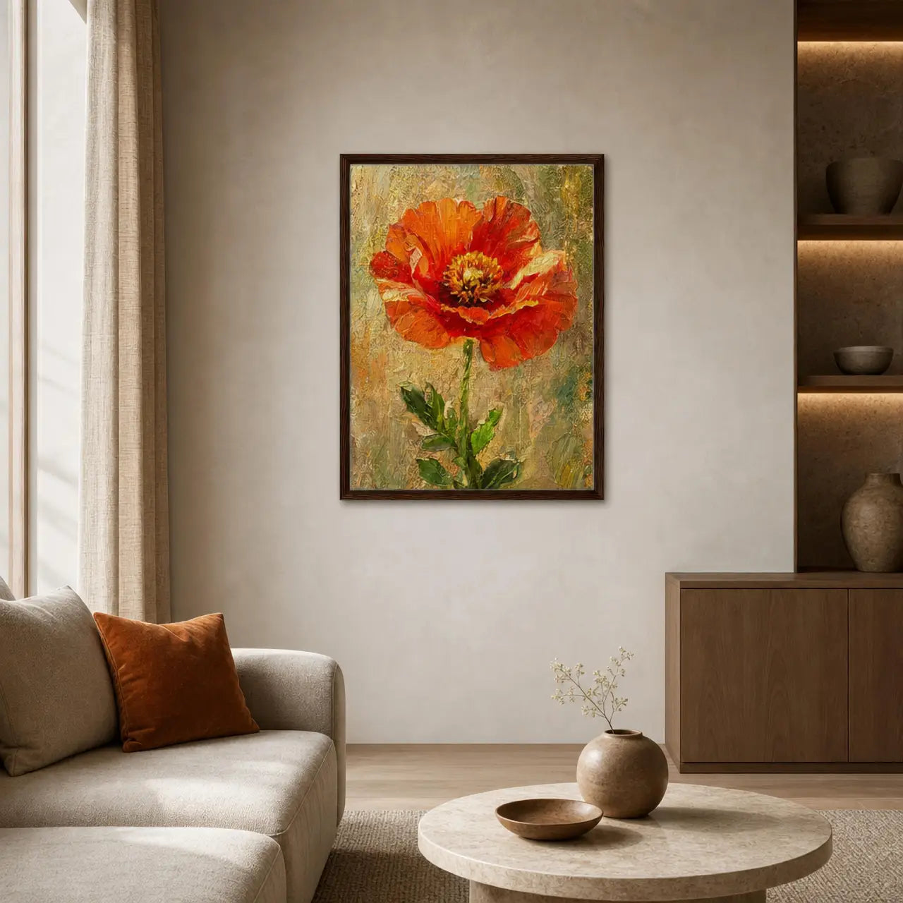 Impressionist Single Orange Poppy Framed Canvas Wall Art