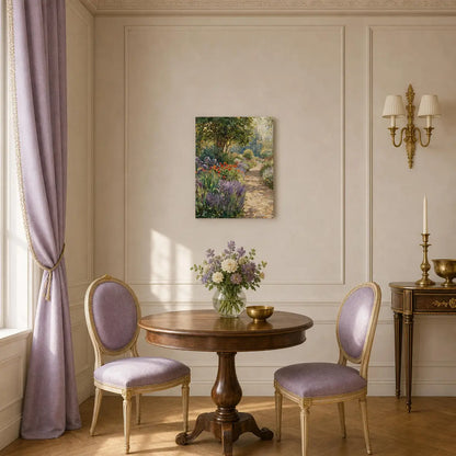 A framed landscape painting of a lavender and green garden path hangs on a beige paneled wall in an elegant dining room setting with a wooden table, two lavender upholstered chairs, and a gold wall sconce.