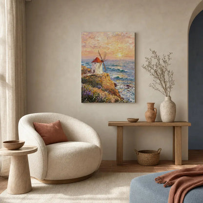 Vintage Coastal Windmill Canvas Print | Sunset Ocean Wall Art