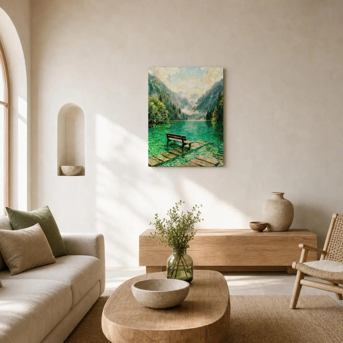 A vertical canvas art print depicting a scenic mountain lake with a wooden dock and bench, styled in a bright, modern minimalist living room.