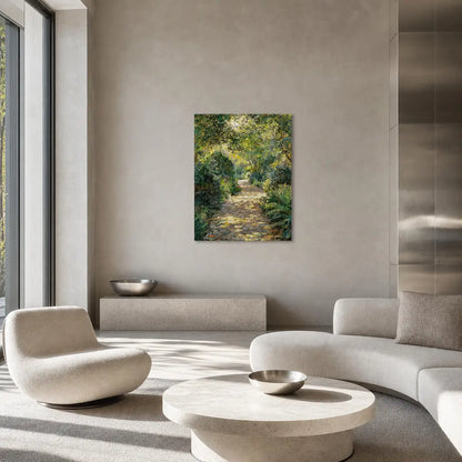 An impressionist-style landscape canvas print of a sunlit garden path hanging on a beige wall in a modern minimalist living room with a curved white sofa and concrete tables.