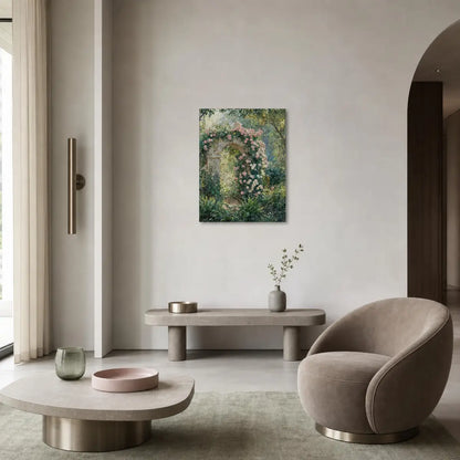 A framed vertical canvas print of an impressionist garden scene with green foliage and pink flowers, displayed on a light gray wall in a modern, minimalist living room with a beige armchair and low concrete bench.