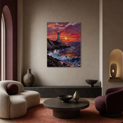 A vertical canvas print of a colorful sunset lighthouse painting hanging on a beige wall in a modern, stylishly decorated living room with curved armchairs and a round coffee table.