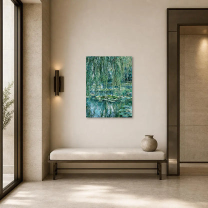 A vertical canvas print of a green and blue water lily pond with weeping willows, styled in a modern minimalist entryway above a light beige bench.