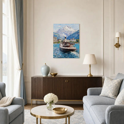 A framed canvas print of a scenic mountain lake with a paddle steamer boat, displayed on a cream wall in a styled living room with a wooden sideboard, lamps, and gray sofas.