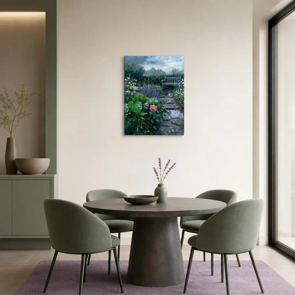 A vertical canvas art print depicting a lush garden path with pink roses and lavender, displayed on a neutral beige wall in a modern dining room setting with a round table and green chairs.