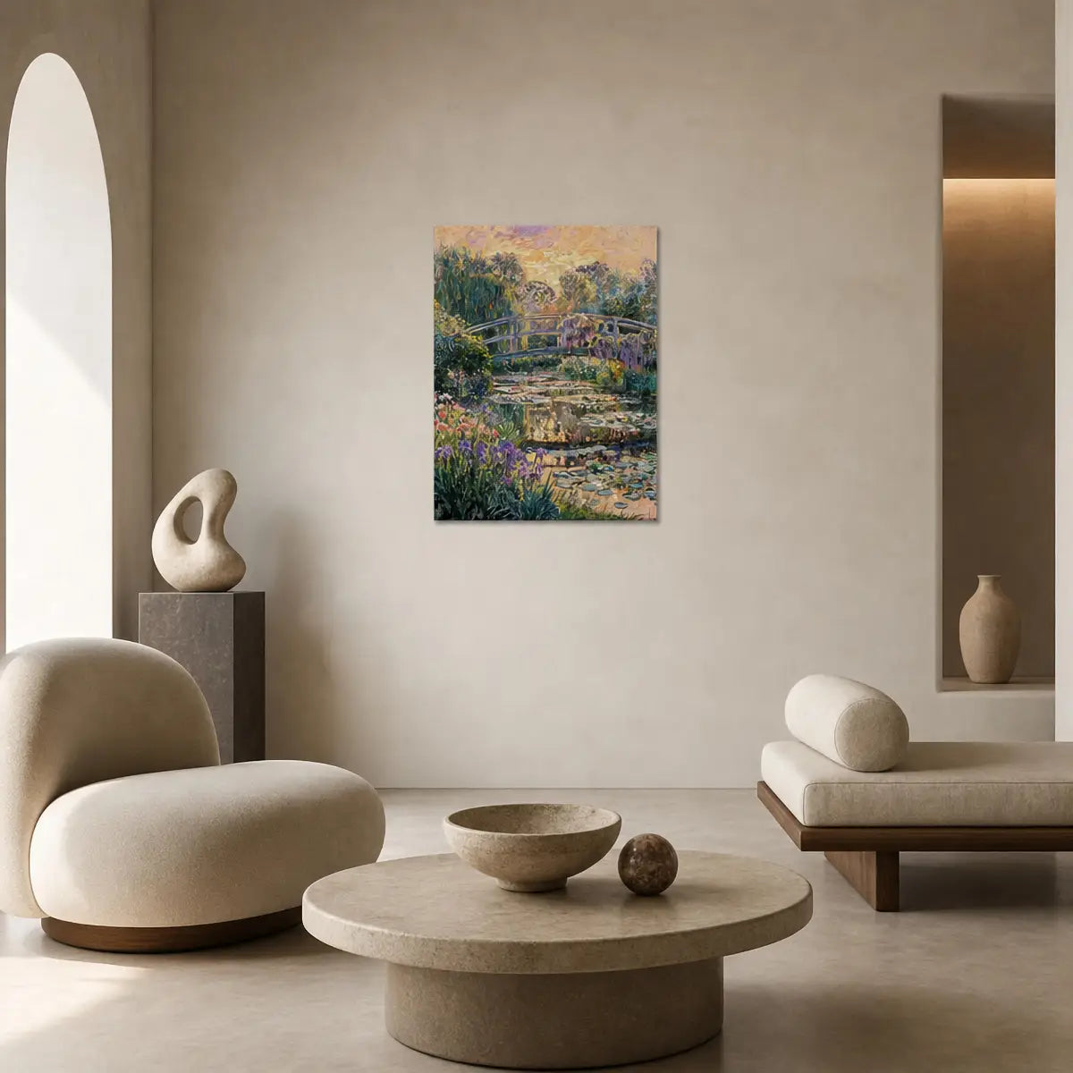 An impressionist landscape painting of a pond with bridges and flowers hangs on a beige wall in a modern, minimalist living room with cream-colored furniture.