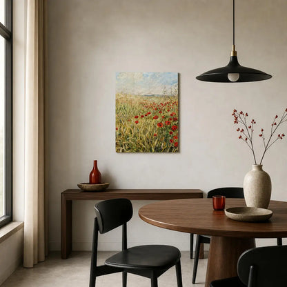 A framed-style wall art print depicting a field of red poppies hangs on a beige wall in a modern dining room setting with a wooden table, black chairs, and a black pendant light.