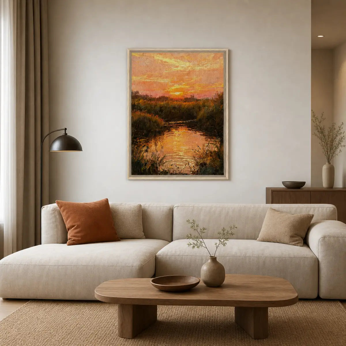 Golden Sunset over River Reflection Impressionist Art Print
