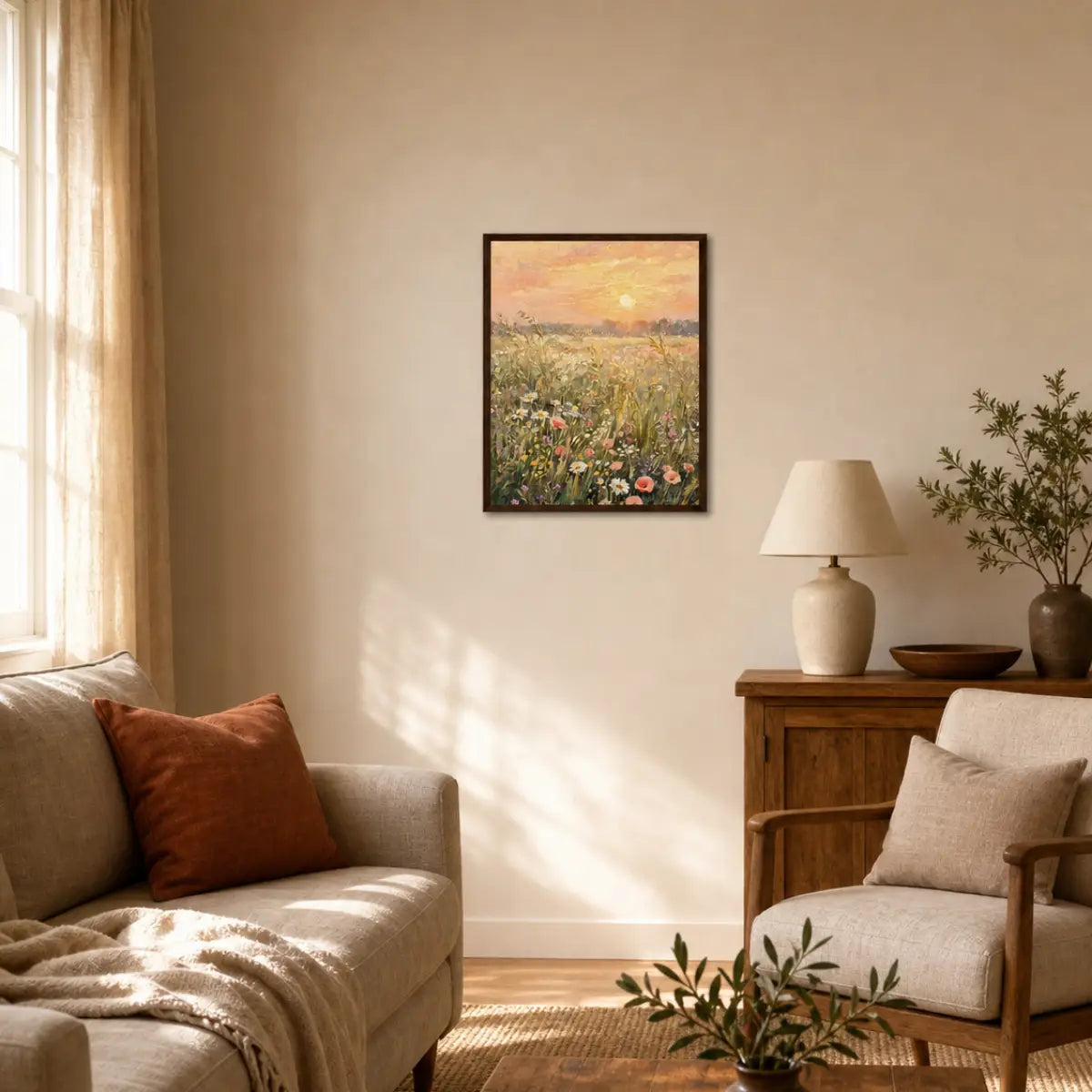 Impressionist Sunset Wildflower Meadow Framed Art Print