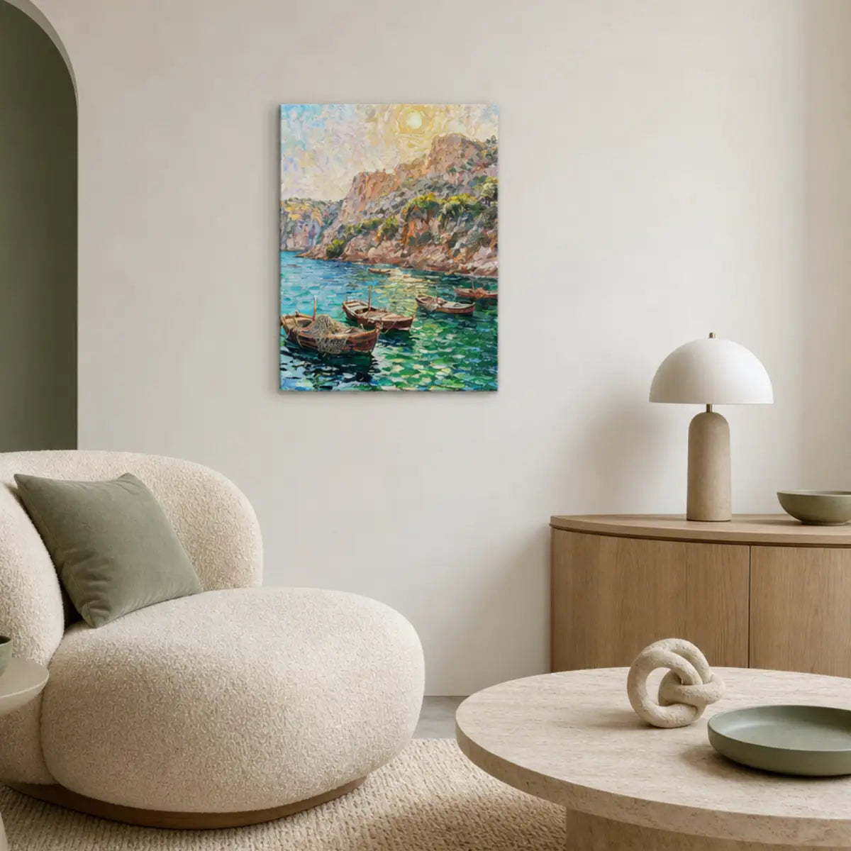 Mediterranean Fishing Boats & Coastal Cliffs Canvas Print | Impressionist Seascape