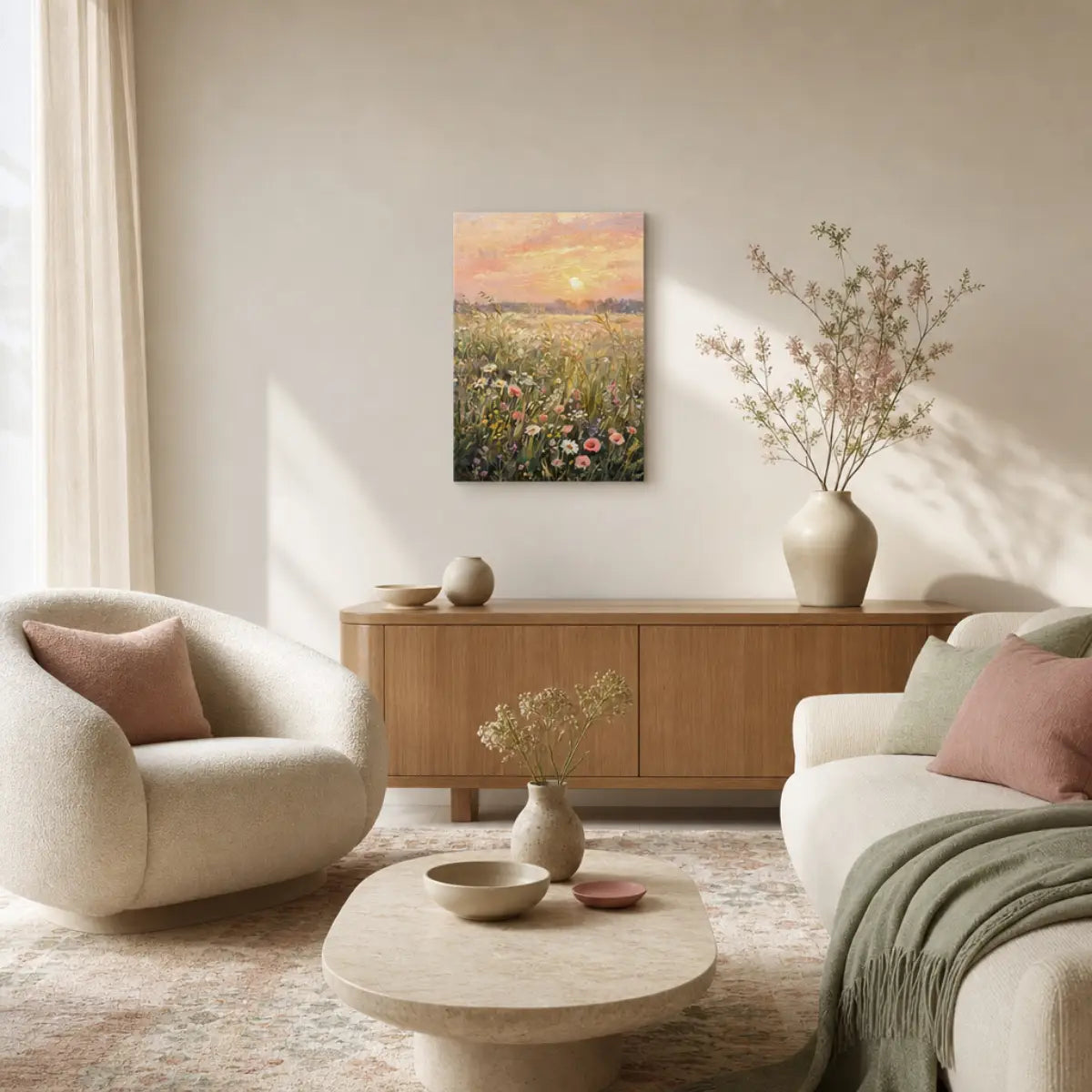 Impressionist Sunset Wildflower Meadow Canvas Wall Art