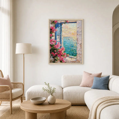 Framed Mediterranean Sea View Through Blue Window Canvas Wall Art | Coastal Decor