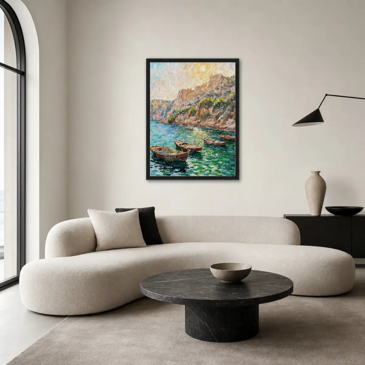 Framed Mediterranean Fishing Boats & Coastal Cliffs Canvas Wall Art | Seascape Decor