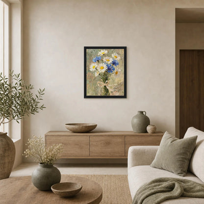 Impressionist Daisy and Cornflower Bouquet Framed Canvas Wall Art