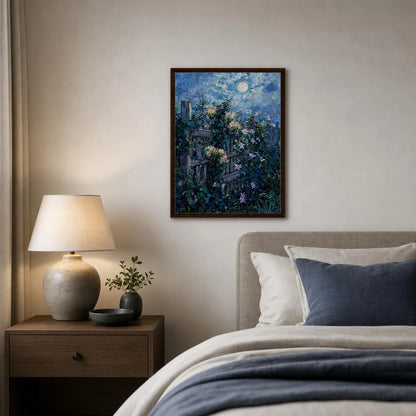 Moonlit Wooden Fence Framed Canvas Wall Art
