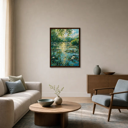 Sunlit Water Lilies & Shimmering Pond Impressionist Art Print