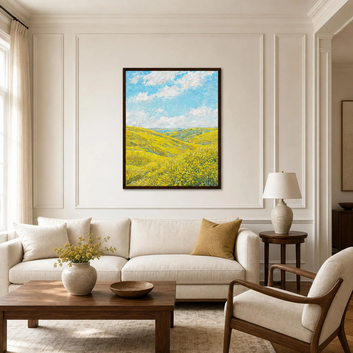 Framed Sunny Meadow Landscape Art Print | Ready-to-Hang Yellow Flower Wall Decor