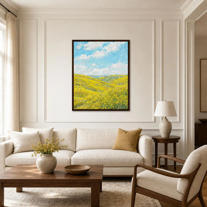 Framed Sunny Meadow Landscape Art Print | Ready-to-Hang Yellow Flower Wall Decor