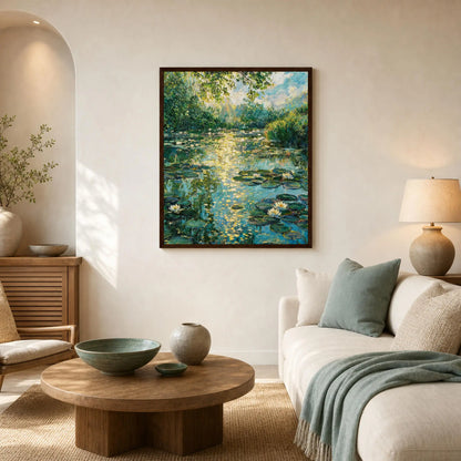 Sunlit Water Lily Pond Wooden Framed Poster | Vintstep