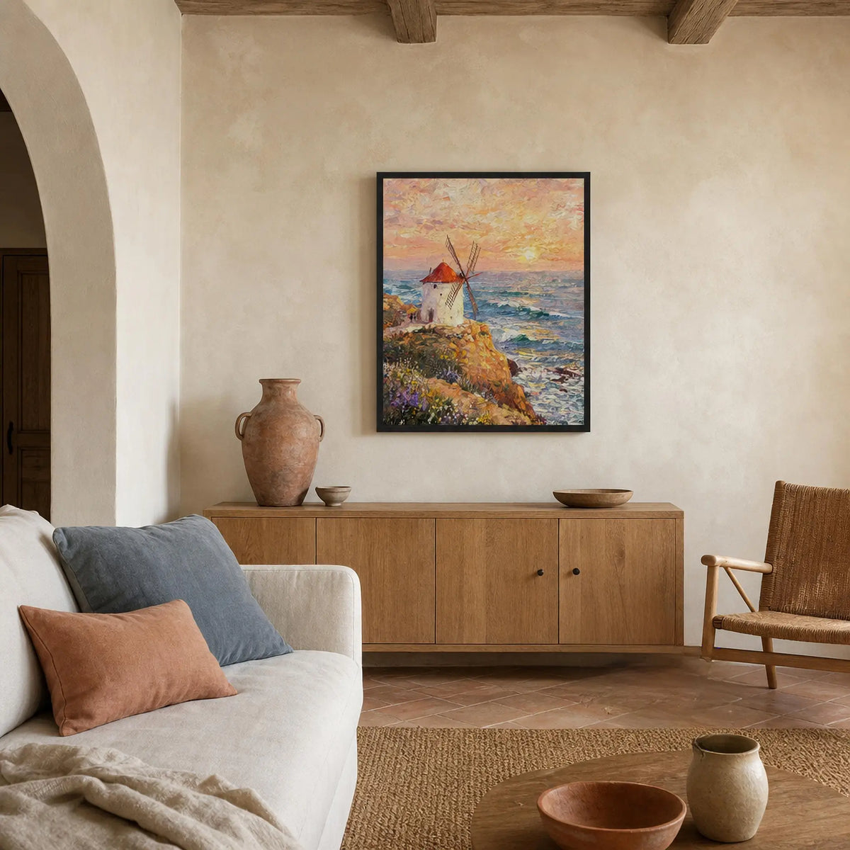 Framed Coastal Windmill Art | Seaside Sunset Wall Decor Poster