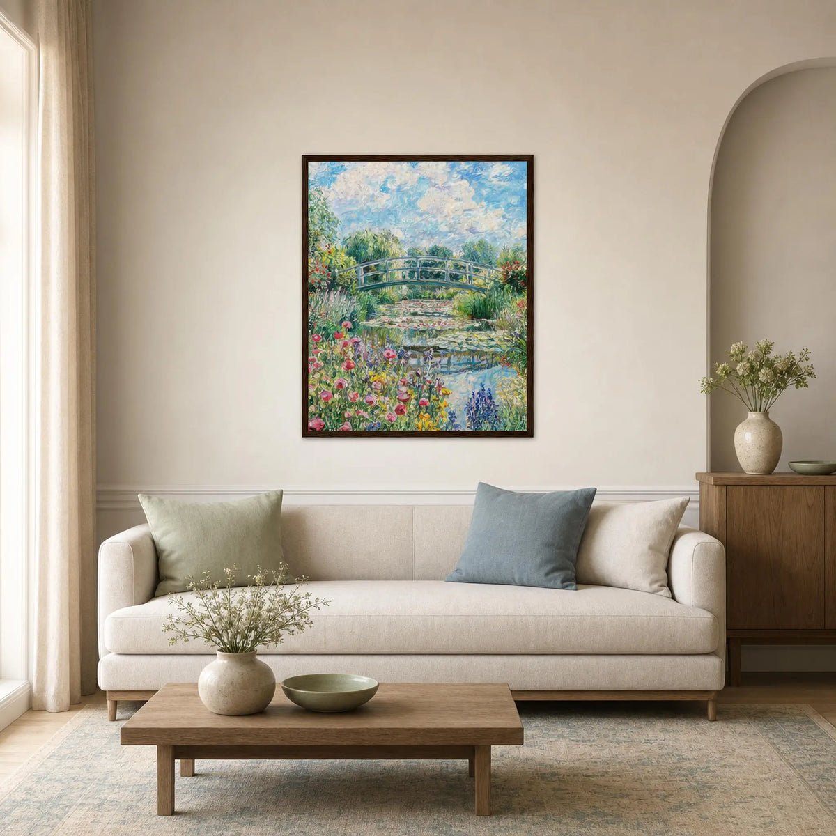 Sunny Japanese Bridge and Flower Garden Wooden Framed Poster | Vintstep
