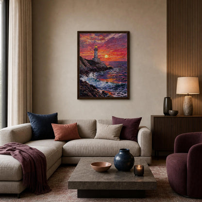 Framed Coastal Lighthouse Sunset Canvas | Seascape Wall Art Decor