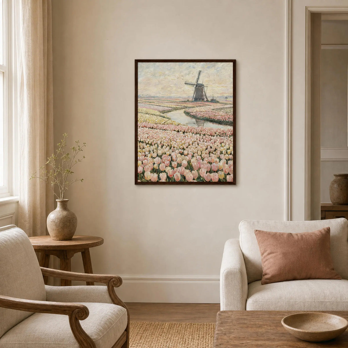 Dutch Windmill and Tulip Field Wooden Framed Poster | Vintstep