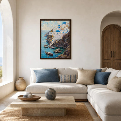 Framed Greek Island Cliff Canvas | Aegean Village Wall Art Decor