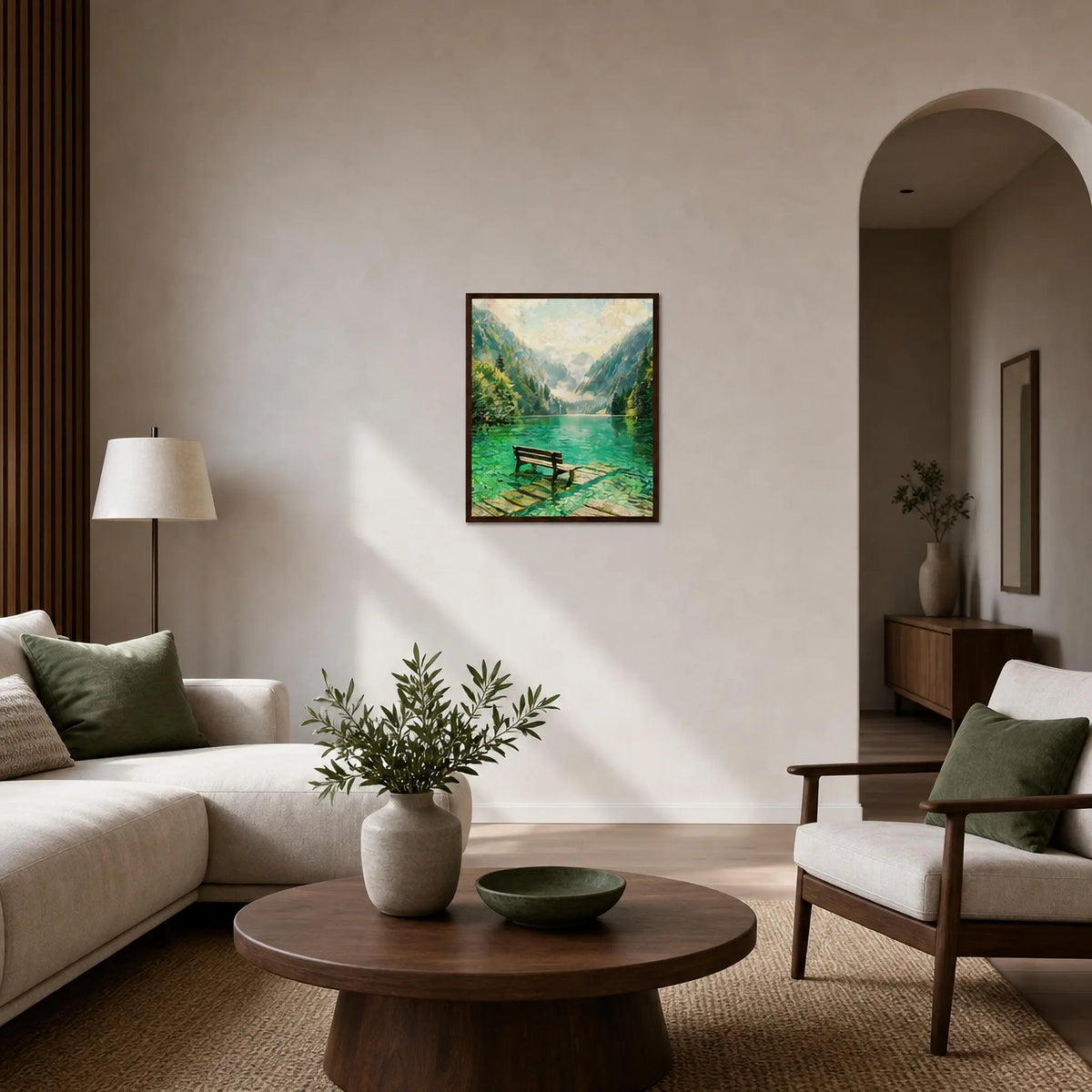 Framed Alpine Lake Bench Art | Serene Mountain Wall Decor Poster