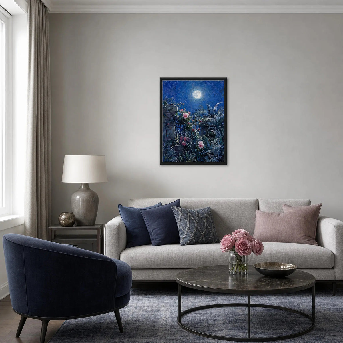 Moonlit Rose Garden and Stone Wall Impressionist Art Print