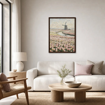 Dutch Tulip Fields & Windmill Impressionist Art Print