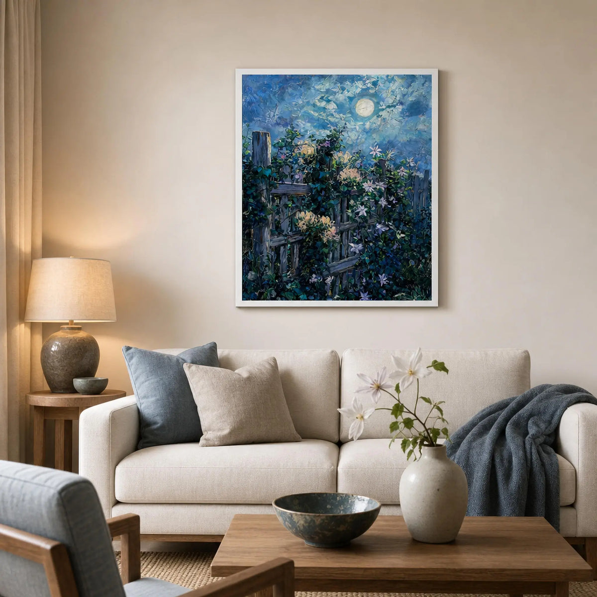 Moonlit Wooden Fence Framed Art Poster
