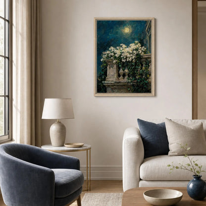 Moonlit Balcony Blooms Framed Canvas Wall Art